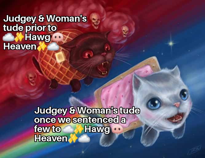 Judgey and Woman's tude prior to Hawg Heaven vs. Judgey and Woman's tude once we setenced a few to Hawg Heaven