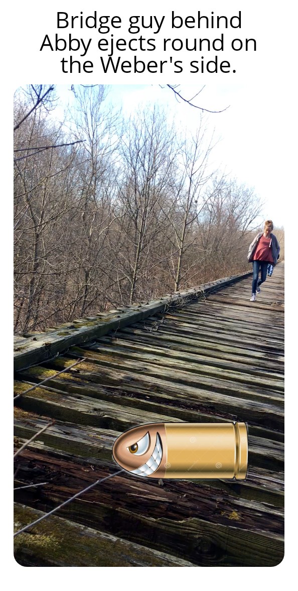 Bridge Guy behind Abby ejects magic bullet on the Weber's side (but it ends up on the Logans side)