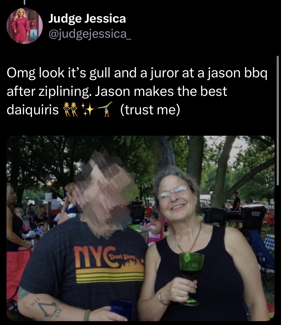 Omg look it's Gull and a juror at a Jason BBQ after ziplining. Jason makes the best daiquiris (trust me)